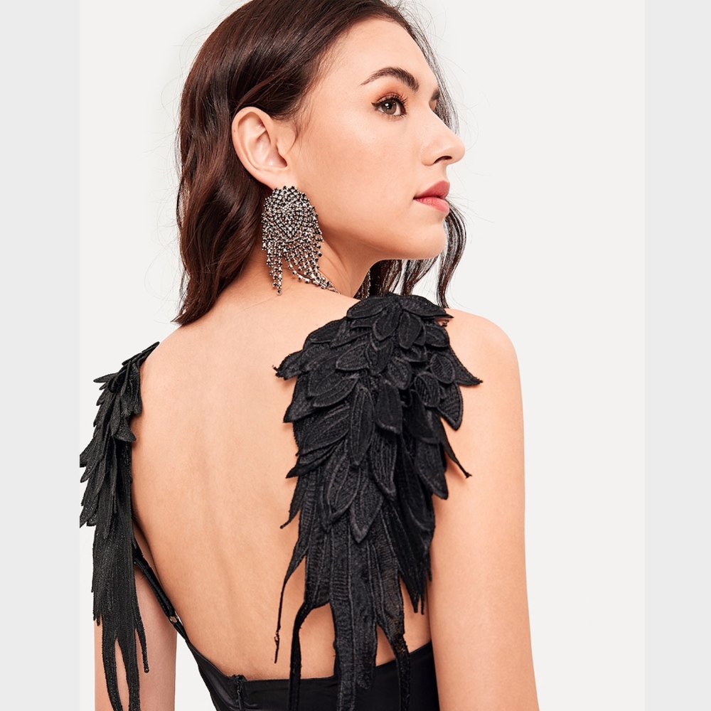 Wings Applique Layered Hem Black Satin Mini Dress - Picture 6 of 7